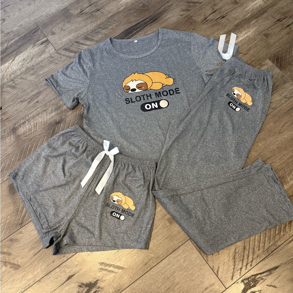 NWOT Sloth Mode On Gray Women’s Pajama Set